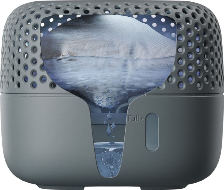 Querschnitt des grauen Luftentfeuchters, man sieht in die Arbeitsweise im innern